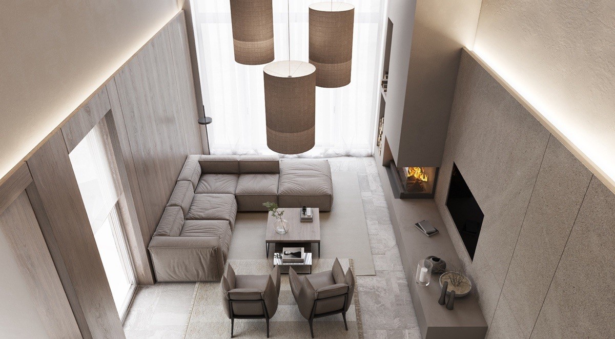 Beige luxury home living room stone wall panel and warm neutral interior reference