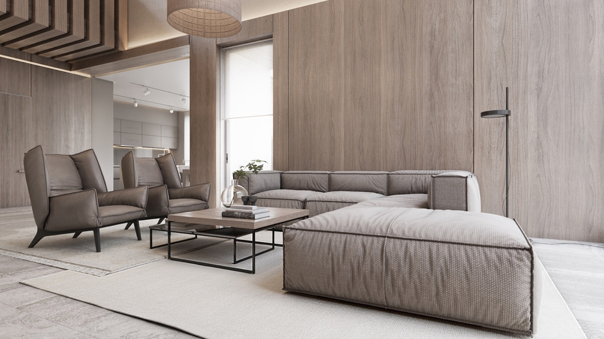 Beige luxury home interior floor tile layout with natural stone and warm lighting