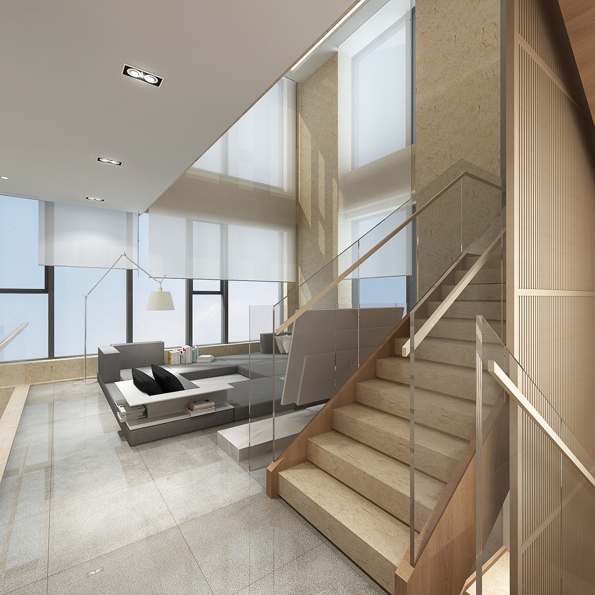 Beige luxury home villa interior with stone wall panels and warm lighting checks