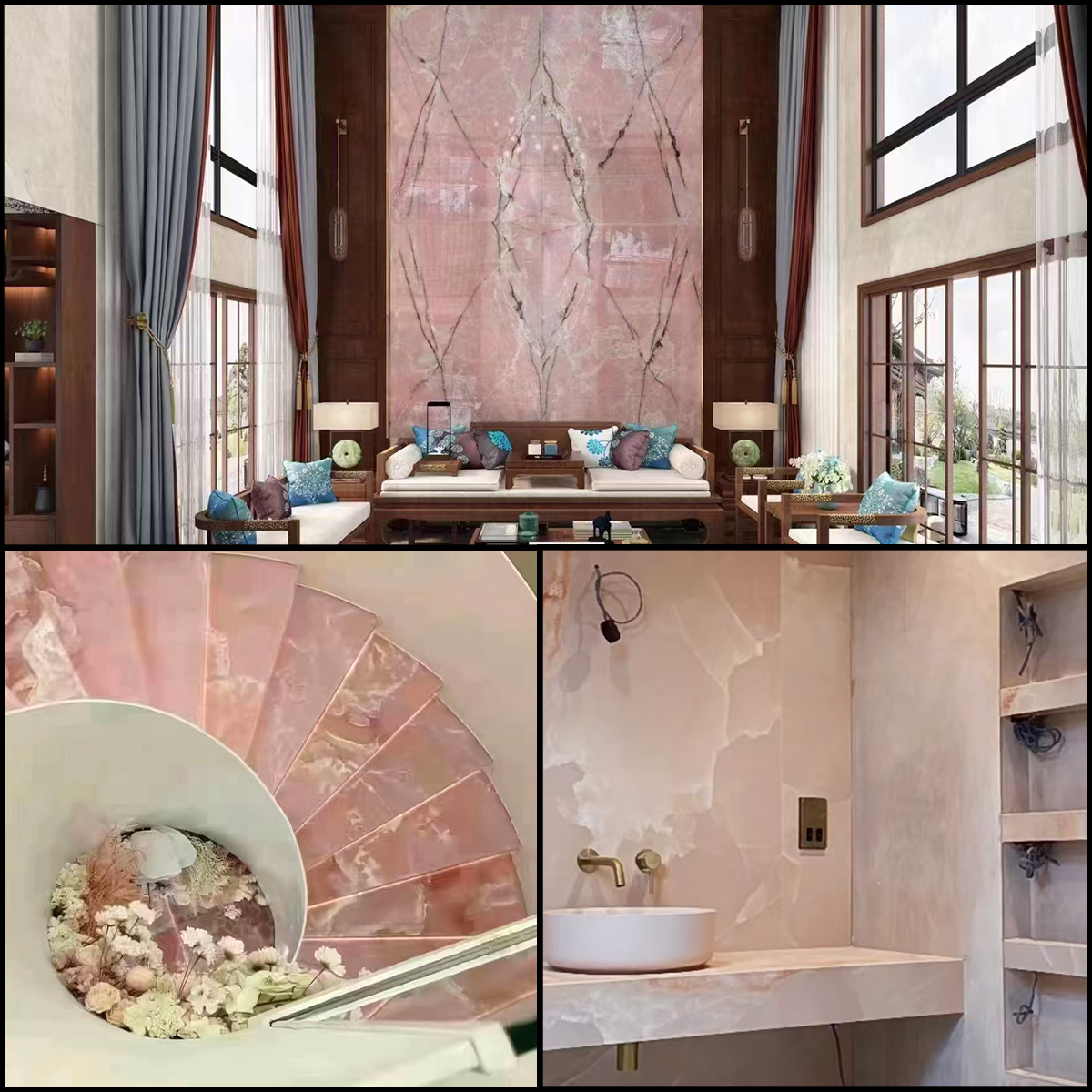 Pink Onyx slab for wall, vanity and stair