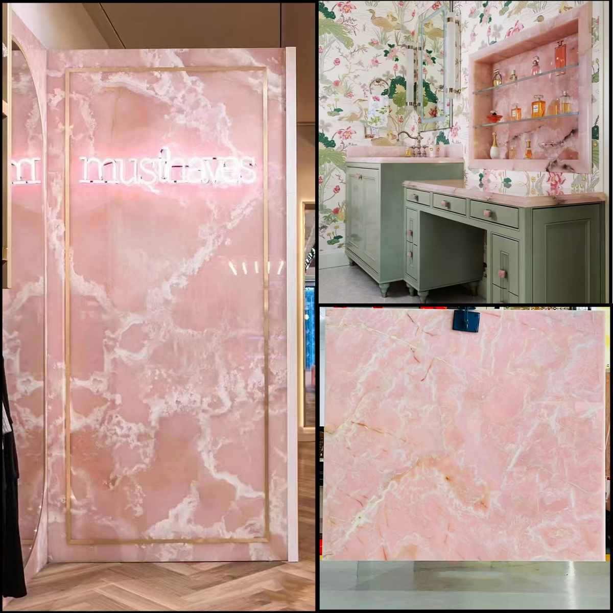 Pink Onyx slab for wall, vanity and stair