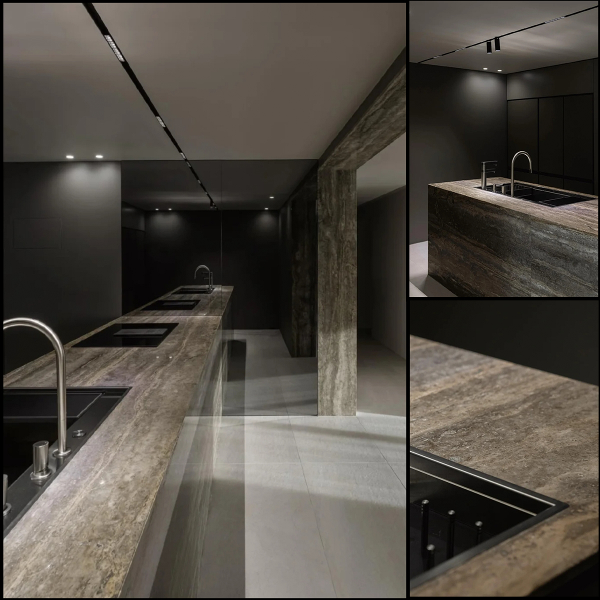 Silver Grey travertine slab photos for kitchen islands, floor tiles, bathroom vanities, wall panels, finish samples, cut-to-size drawings and crate packing.