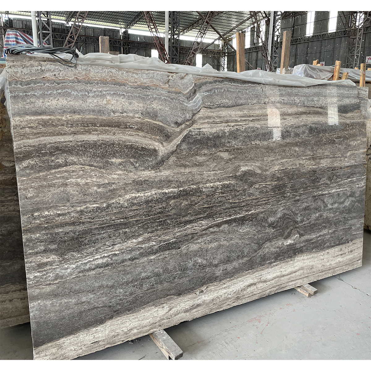 Silver Grey travertine slab photos for kitchen islands, floor tiles, bathroom vanities, wall panels, finish samples, cut-to-size drawings and crate packing.