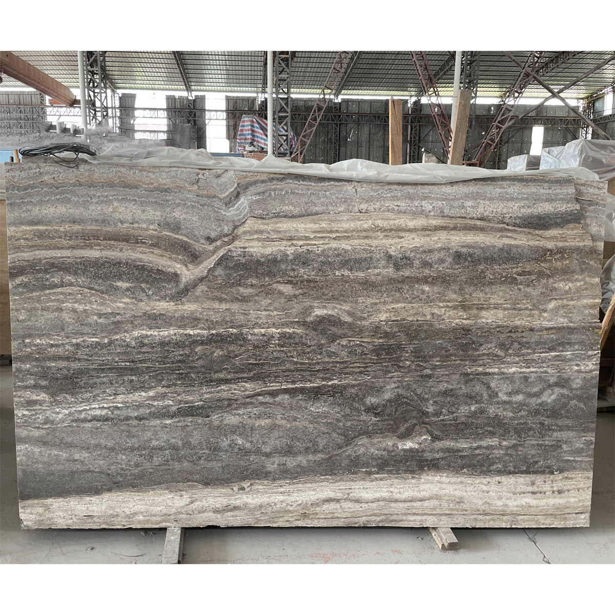 Silver Grey travertine slab photos for kitchen islands, floor tiles, bathroom vanities, wall panels, finish samples, cut-to-size drawings and crate packing.