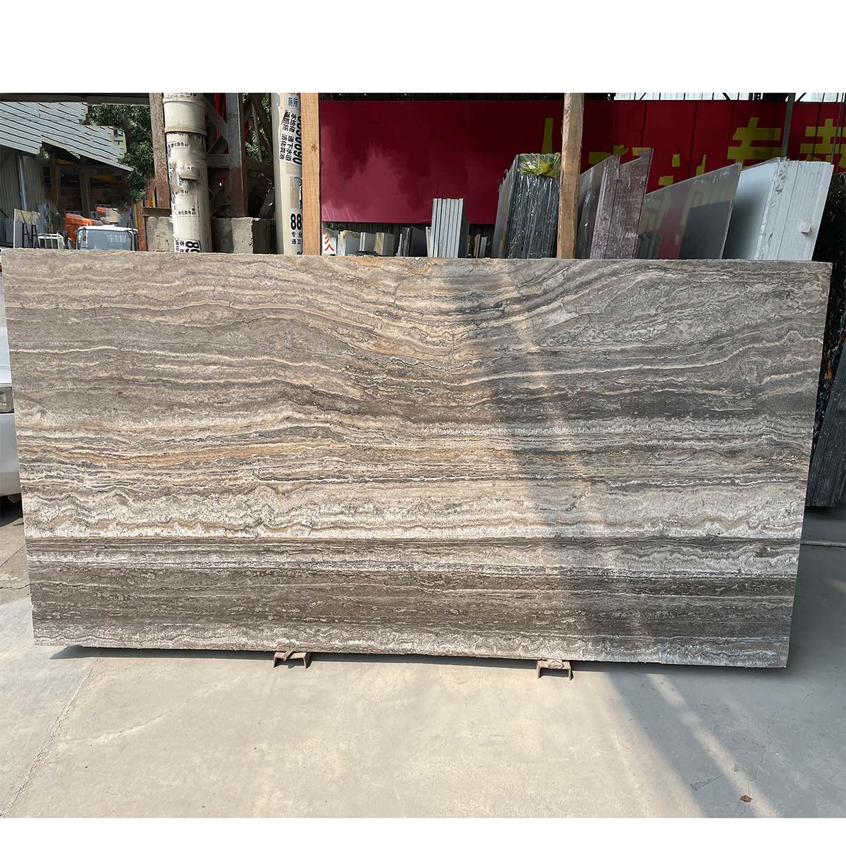 Silver Grey travertine slab photos for kitchen islands, floor tiles, bathroom vanities, wall panels, finish samples, cut-to-size drawings and crate packing.
