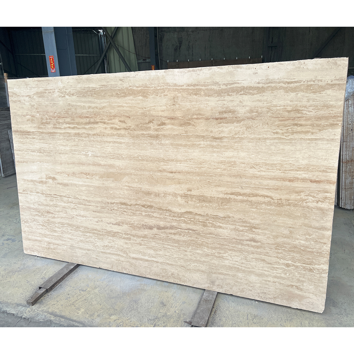 Vintage Beige White travertine slab photos for beige-white tone approval, kitchen island cut-outs, side table dimensions, coffee table dimensions and export packing review.