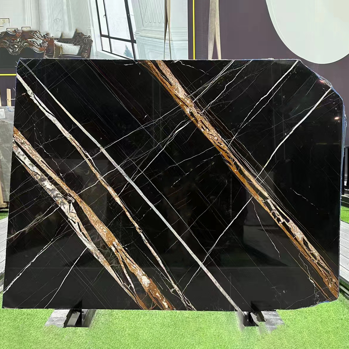Royal Lawrence Black Golden marble slab photos for black-gold vein direction, wine bar counter drawings, hotel lobby dry lay, luxury store wall panel elevations, villa floor tile layout and export packing.