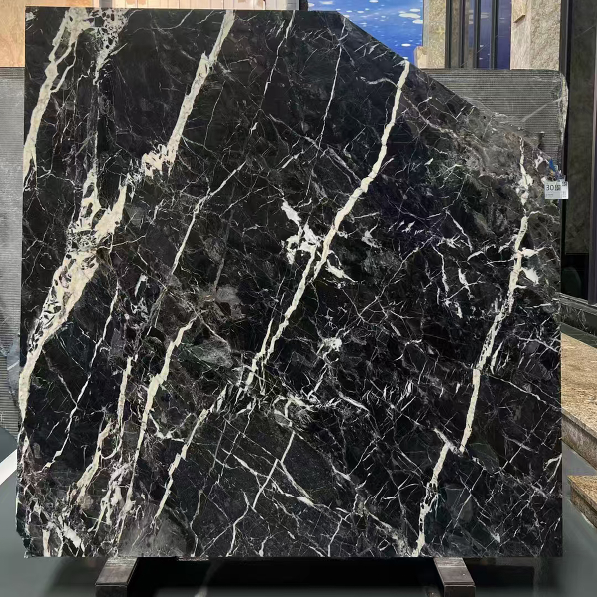 Italy Black Net marble slab photos for black net vein direction, living room wall backgrounds, floor tile layout, kitchen countertop cut-outs and export packing.