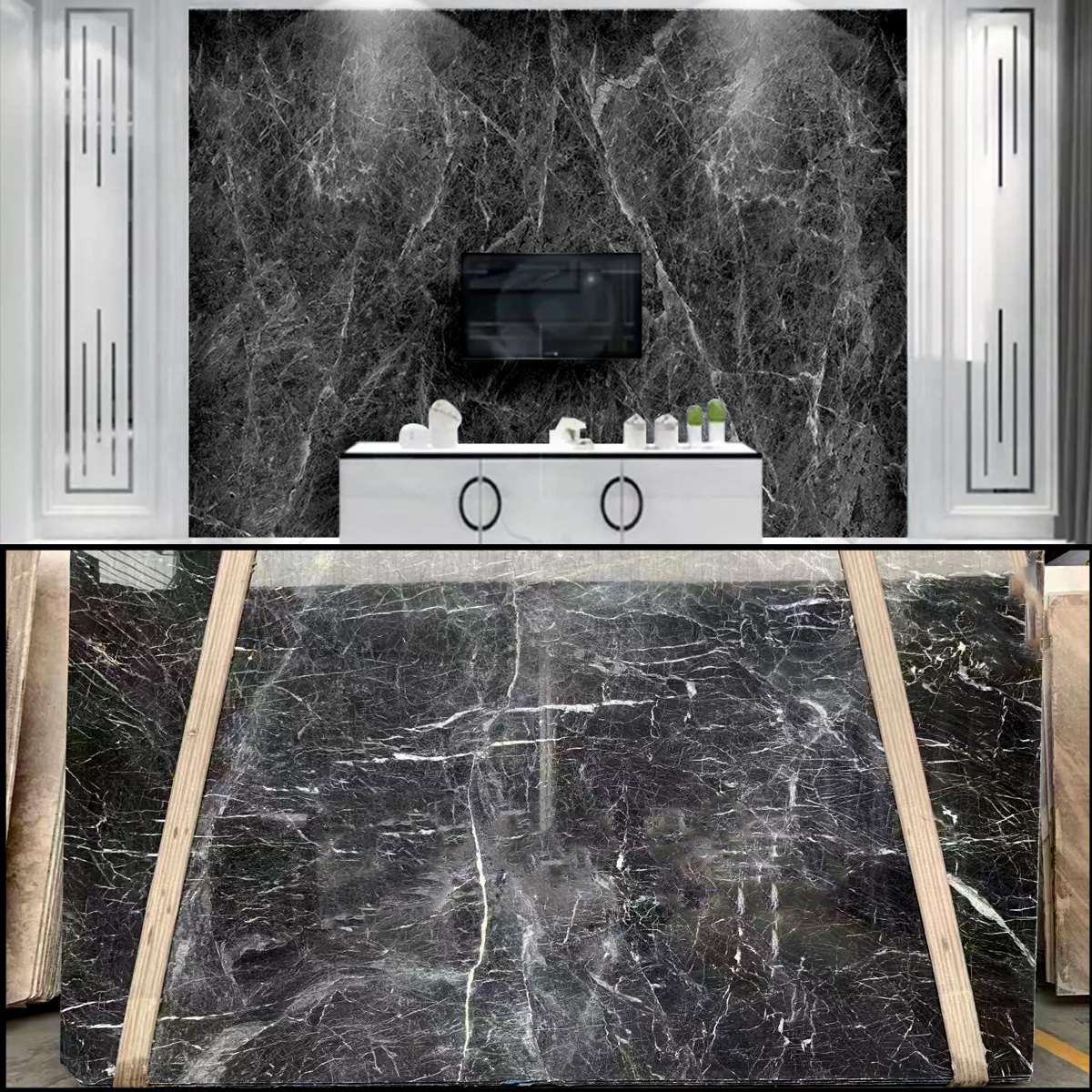 Italy Black Net marble slab photos for black net vein direction, living room wall backgrounds, floor tile layout, kitchen countertop cut-outs and export packing.