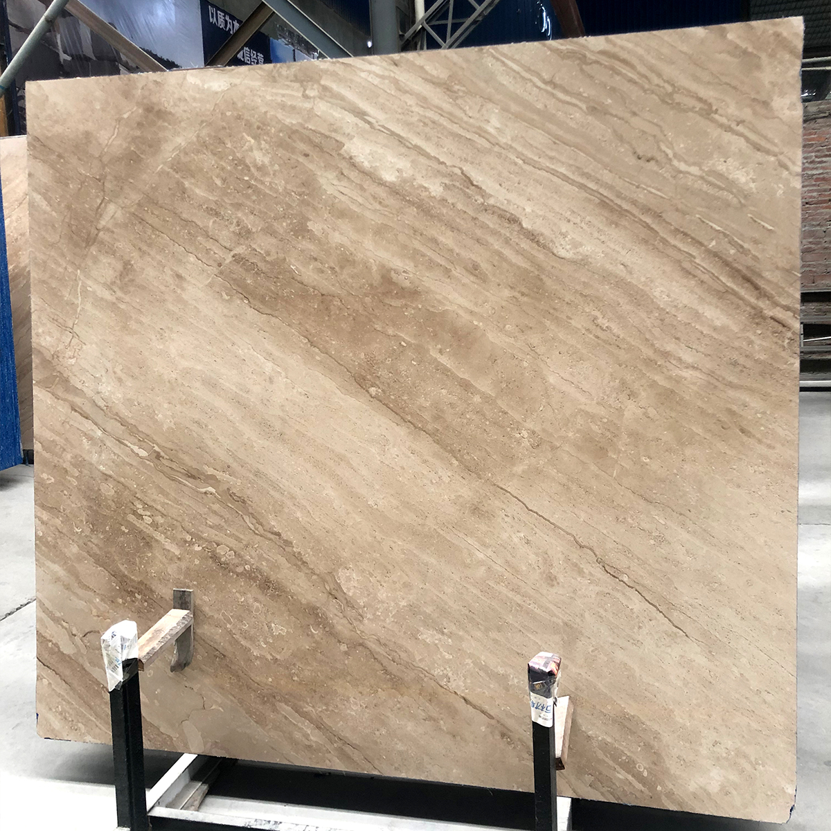 Daino Reale marble slab photos for beige-brown tone approval, floor tile layout, kitchen countertop cut-outs, ceiling tile layout, furniture dimensions and export packing.