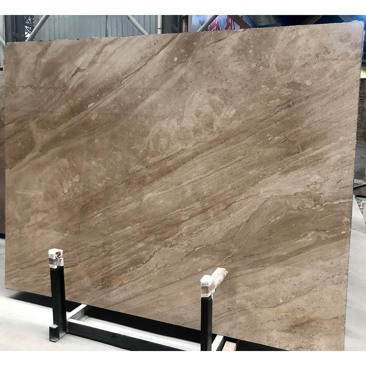 Daino Reale marble slab photos for beige-brown tone approval, floor tile layout, kitchen countertop cut-outs, ceiling tile layout, furniture dimensions and export packing.
