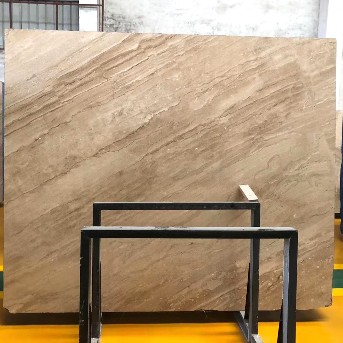 Daino Reale marble slab photos for beige-brown tone approval, floor tile layout, kitchen countertop cut-outs, ceiling tile layout, furniture dimensions and export packing.