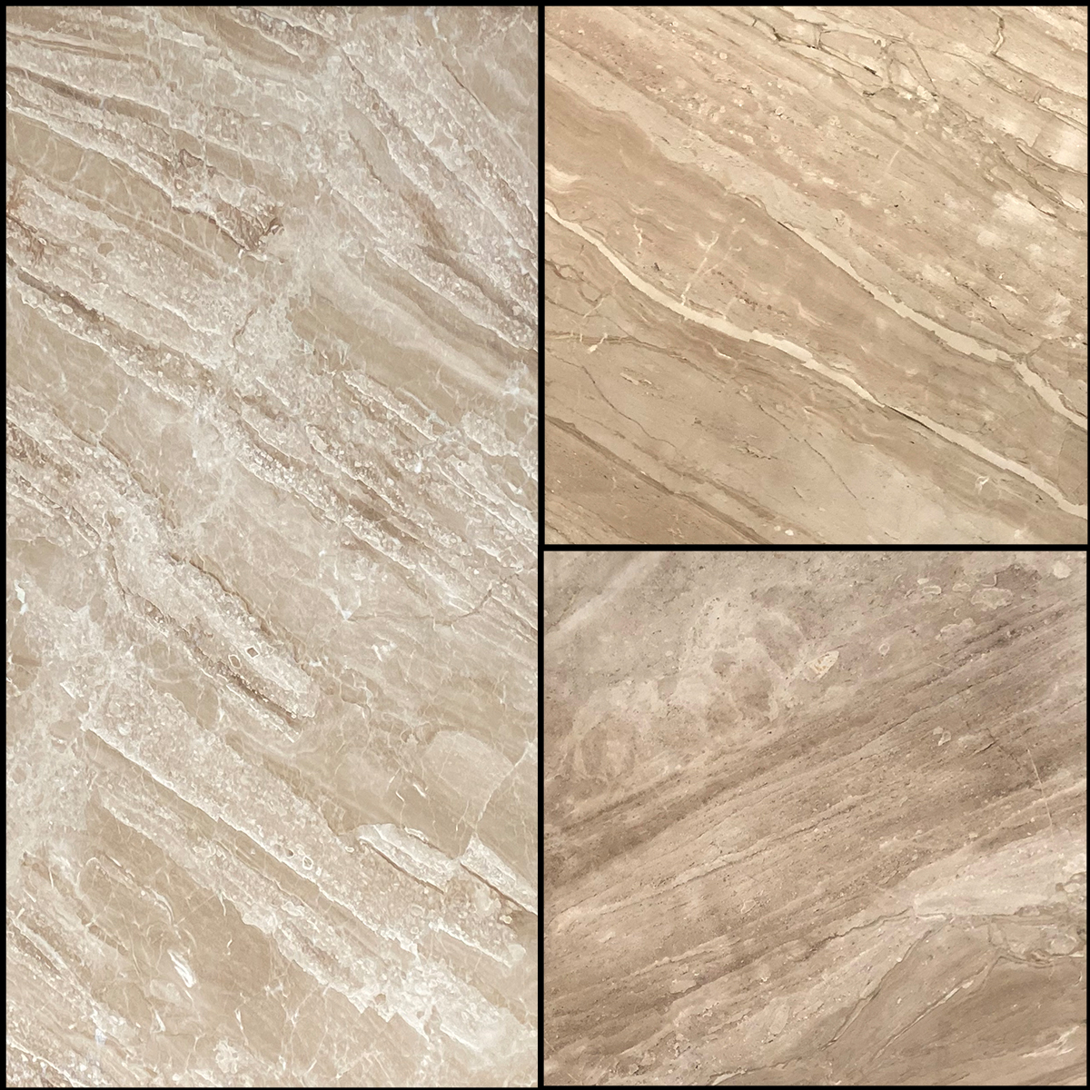 Daino Reale marble slab photos for beige-brown tone approval, floor tile layout, kitchen countertop cut-outs, ceiling tile layout, furniture dimensions and export packing.