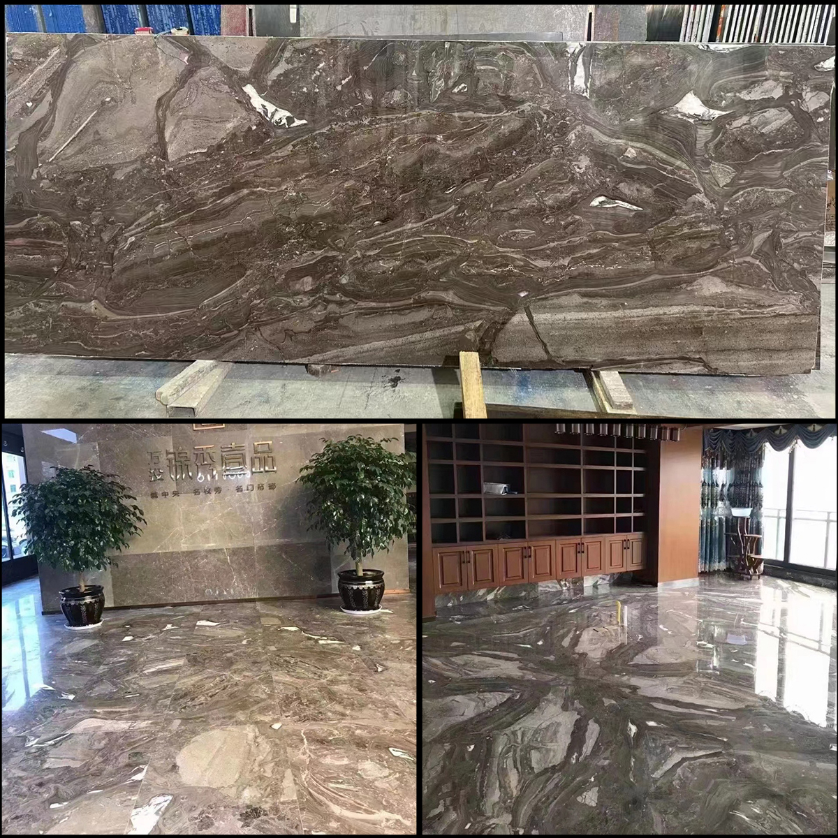 Venice Grey Brown marble slab photos for grey-brown tone approval, stair tread layout, floor tile layout, wall panel elevations, bathroom wet-area sealing, bathtub surround dimensions and export packing.