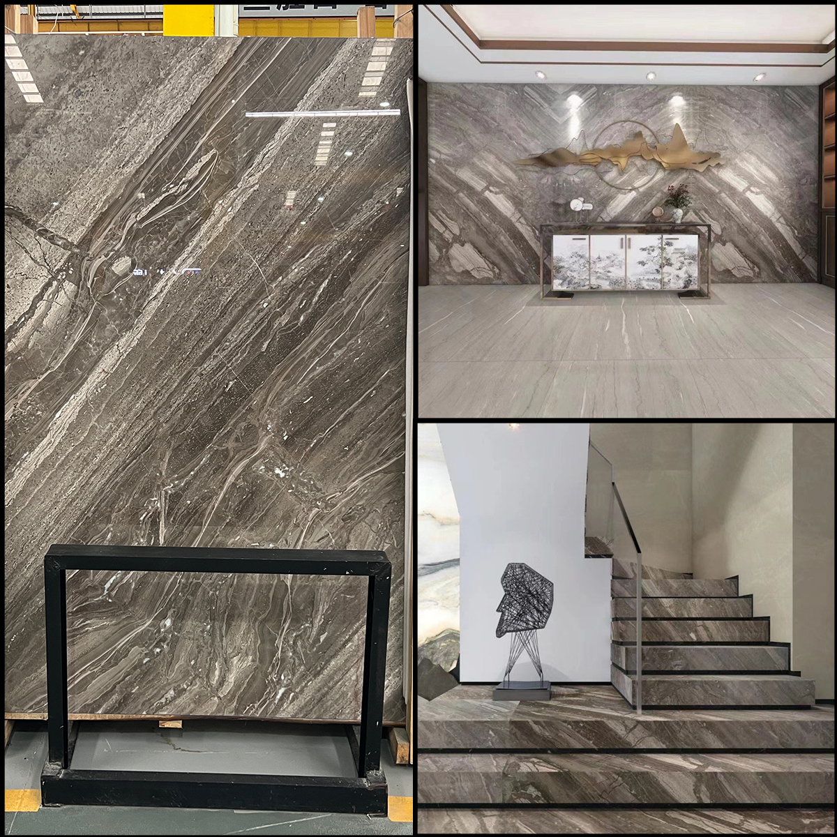 Venice Grey Brown marble slab photos for grey-brown tone approval, stair tread layout, floor tile layout, wall panel elevations, bathroom wet-area sealing, bathtub surround dimensions and export packing.