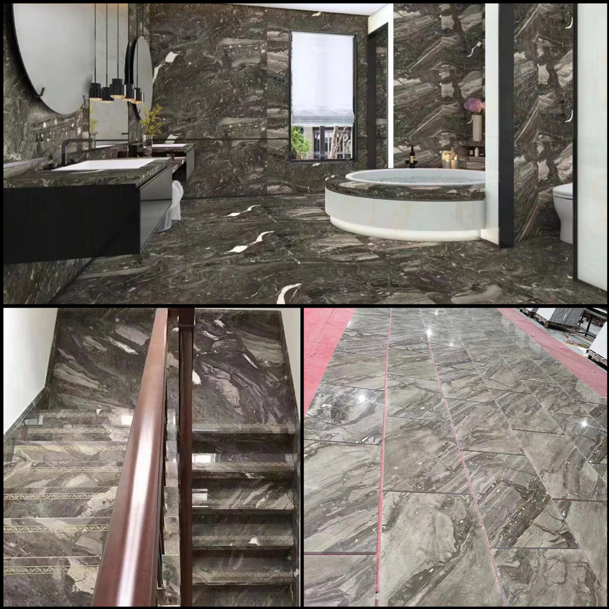 Venice Grey Brown marble slab photos for grey-brown tone approval, stair tread layout, floor tile layout, wall panel elevations, bathroom wet-area sealing, bathtub surround dimensions and export packing.