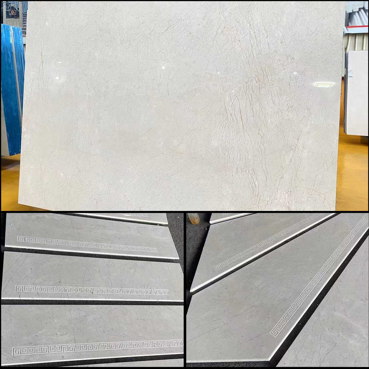 Center Beige marble slab photos for warm beige tone approval, stair tread layout, floor tile layout, wall veneer elevations and export packing review.