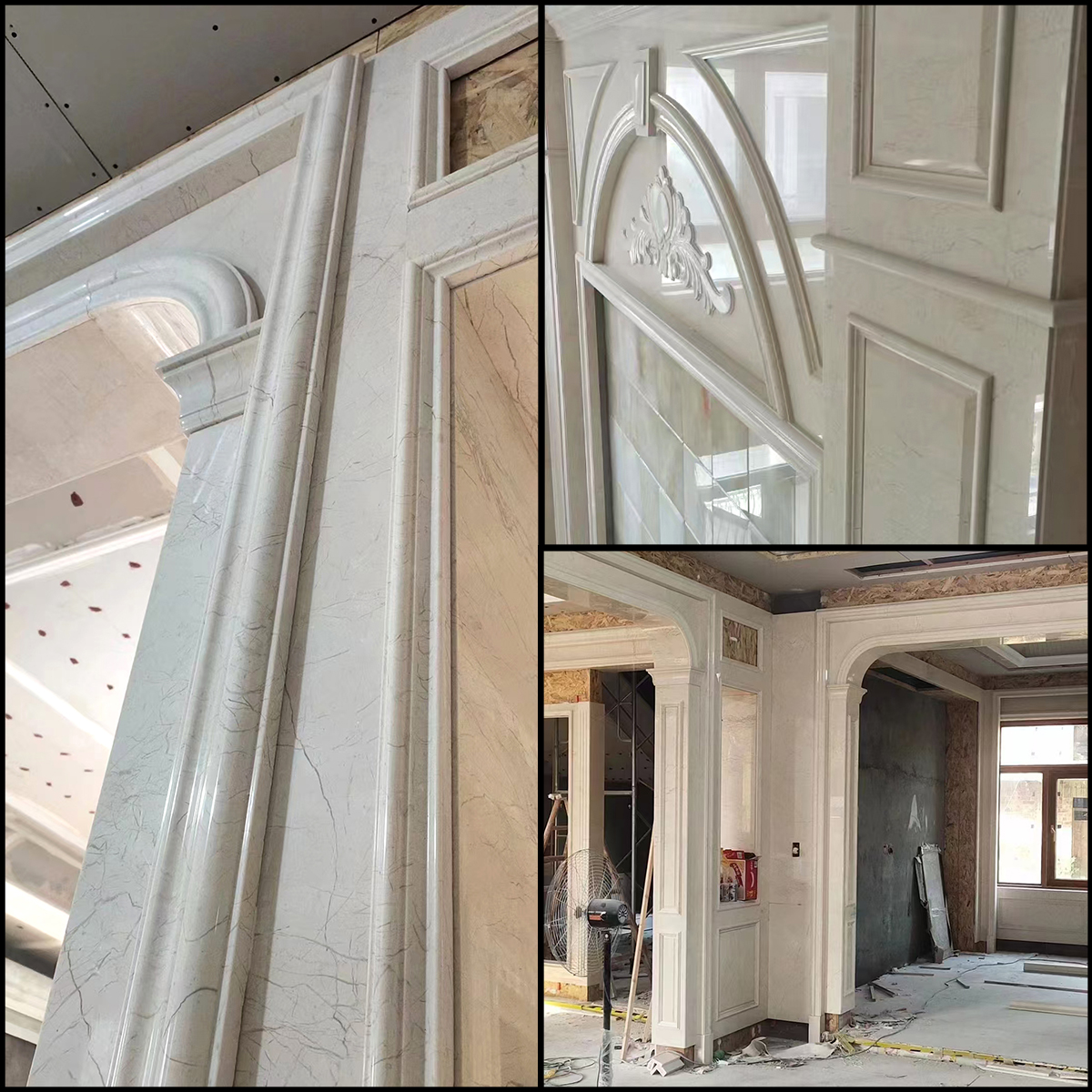 Center Beige marble slab photos for warm beige tone approval, stair tread layout, floor tile layout, wall veneer elevations and export packing review.