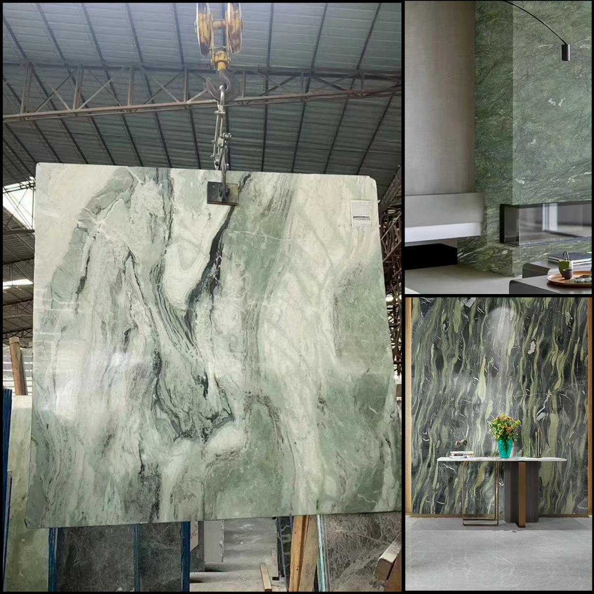 Light Jade Green marble slab photos for soft green tone approval, kitchen island cut-outs, wall panel elevations, furniture dimensions, floor tile layout and export packing.