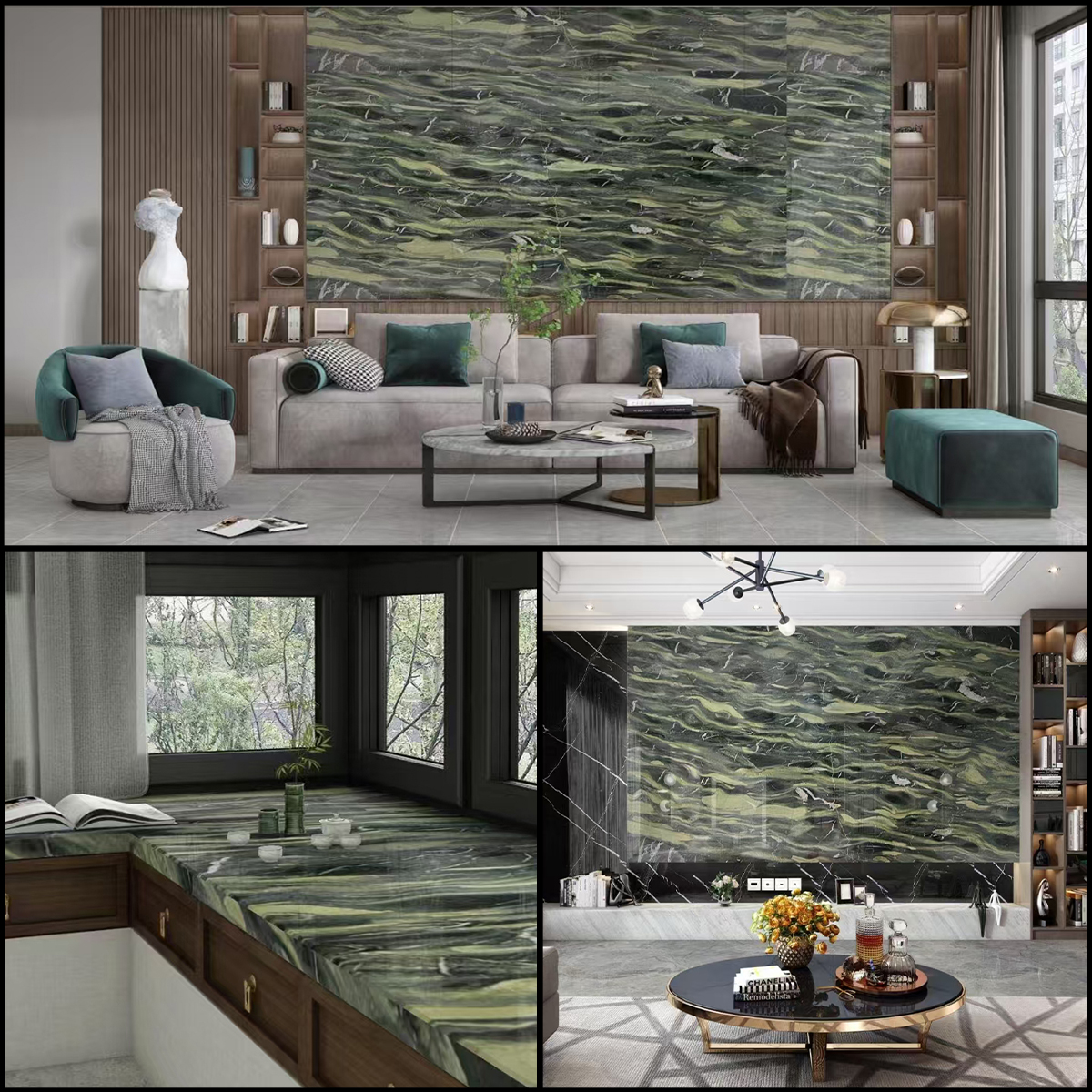 Light Jade Green marble slab photos for soft green tone approval, kitchen island cut-outs, wall panel elevations, furniture dimensions, floor tile layout and export packing.