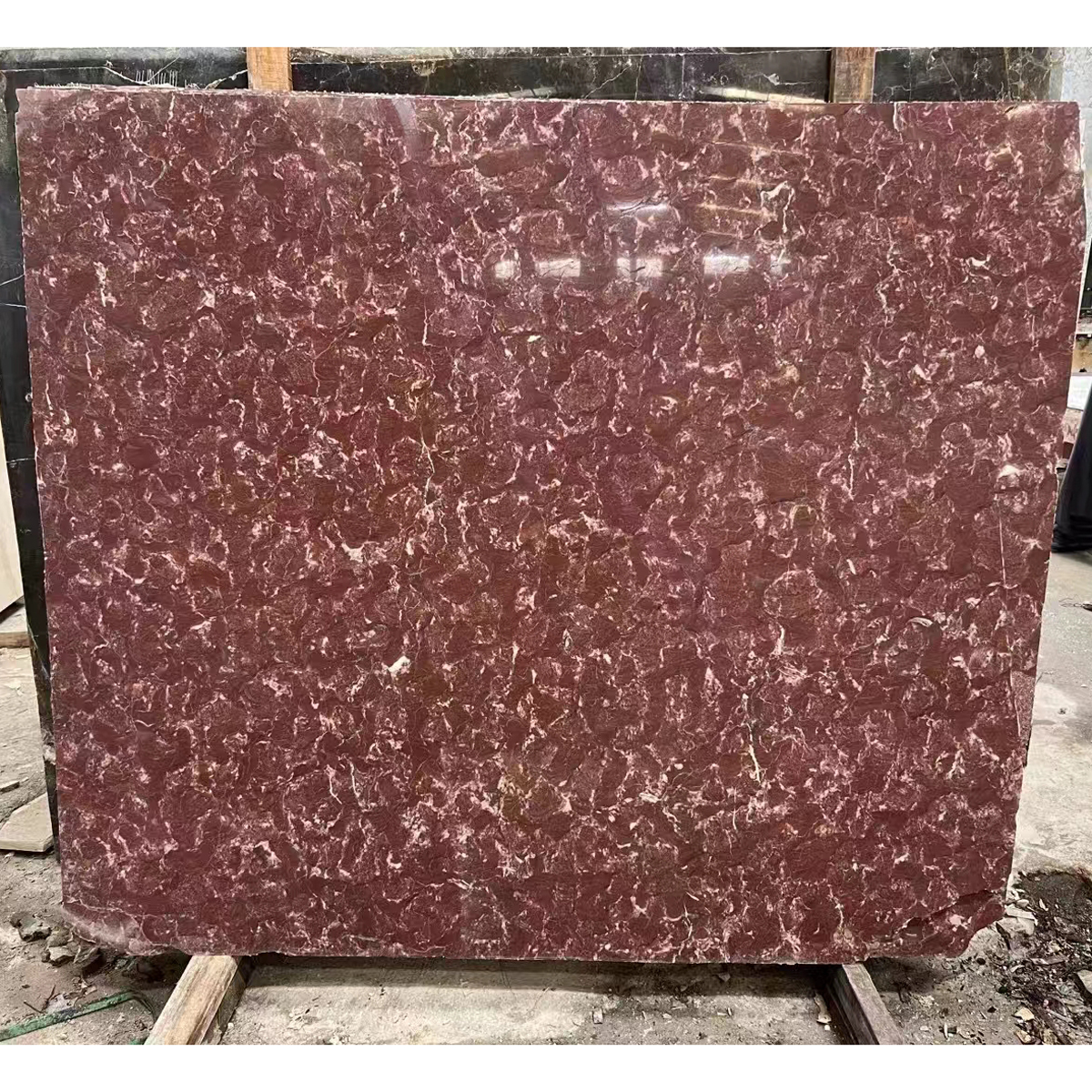 Royal Red Rose marble veneer slab photos for wall decor, kitchen countertops, home furniture, red rose tone approval, finish sample, cut-to-size drawings and export packing.
