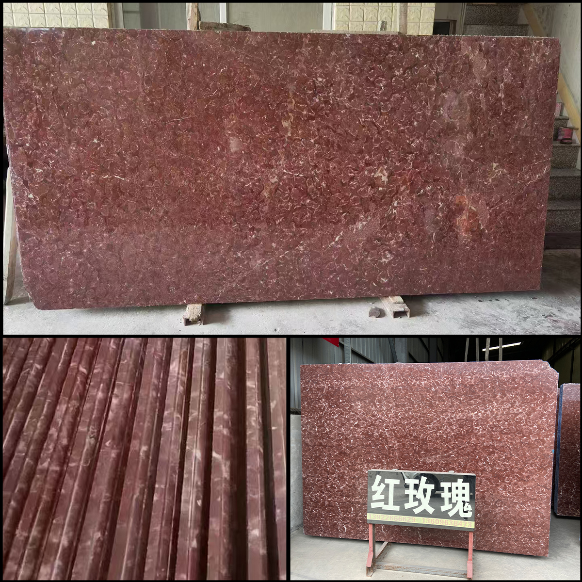 Royal Red Rose marble veneer slab photos for wall decor, kitchen countertops, home furniture, red rose tone approval, finish sample, cut-to-size drawings and export packing.