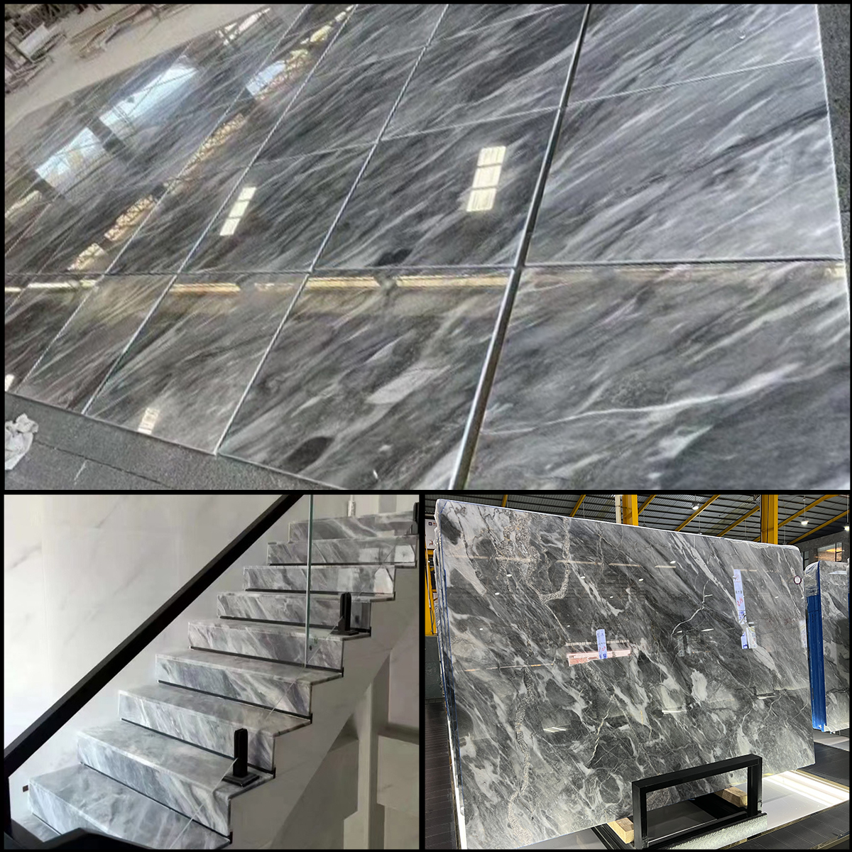 Himalayan Grey marble slab photos for grey tone approval, stair tread layout, living room floor tile layout, villa lobby dry lay and export packing review.