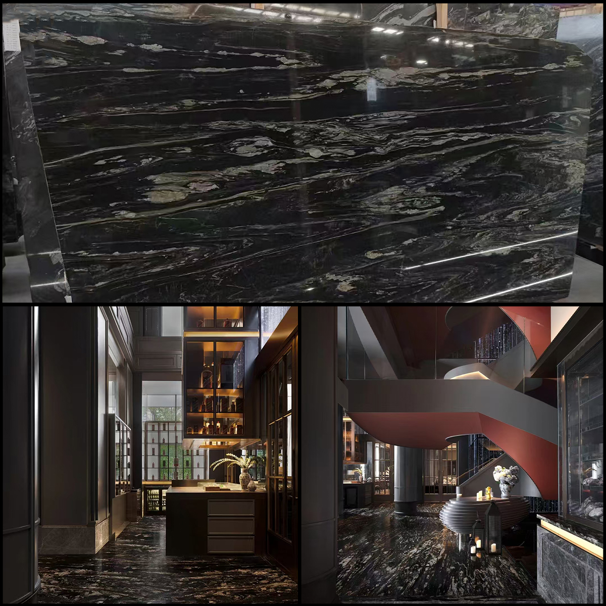 Italy Black Gold marble slab photos for black-gold tone approval, gold vein direction, kitchen countertops, home furniture, floor tile layout, hotel lobby dry lay and export packing.