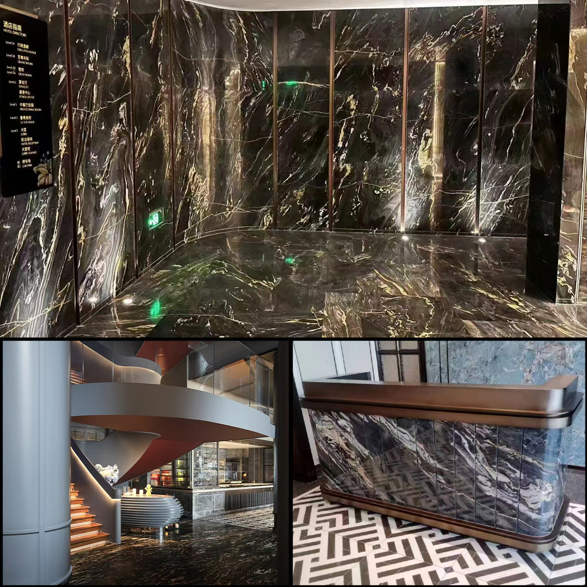 Italy Black Gold marble slab photos for black-gold tone approval, gold vein direction, kitchen countertops, home furniture, floor tile layout, hotel lobby dry lay and export packing.