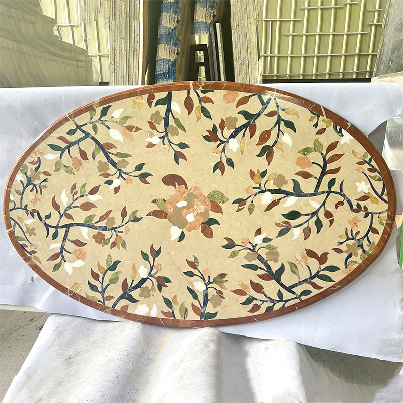 Round waterjet marble medallion tile photos for villa decoration, hotel lobby floors, swimming pool surrounds, wall decor, CAD pattern drawing, marble color map and export packing.