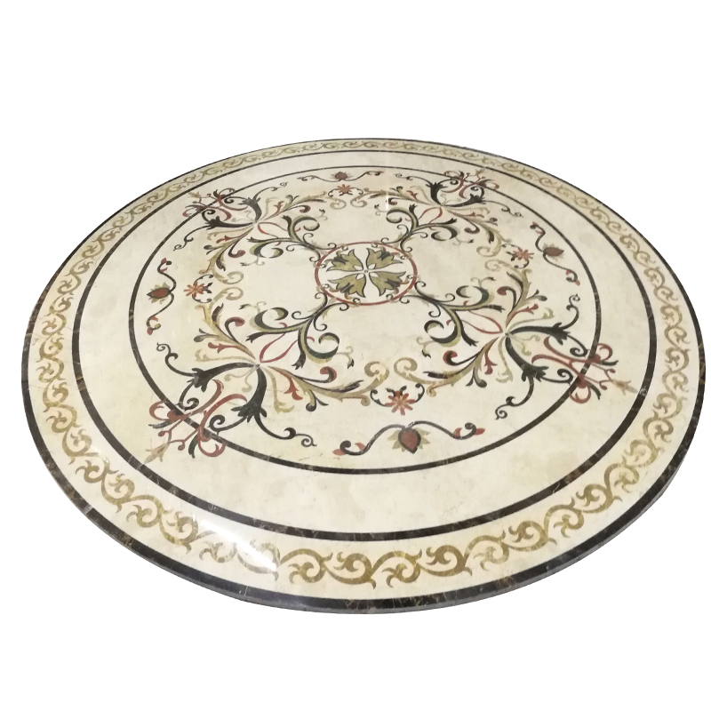 Round waterjet marble medallion tile photos for villa decoration, hotel lobby floors, swimming pool surrounds, wall decor, CAD pattern drawing, marble color map and export packing.