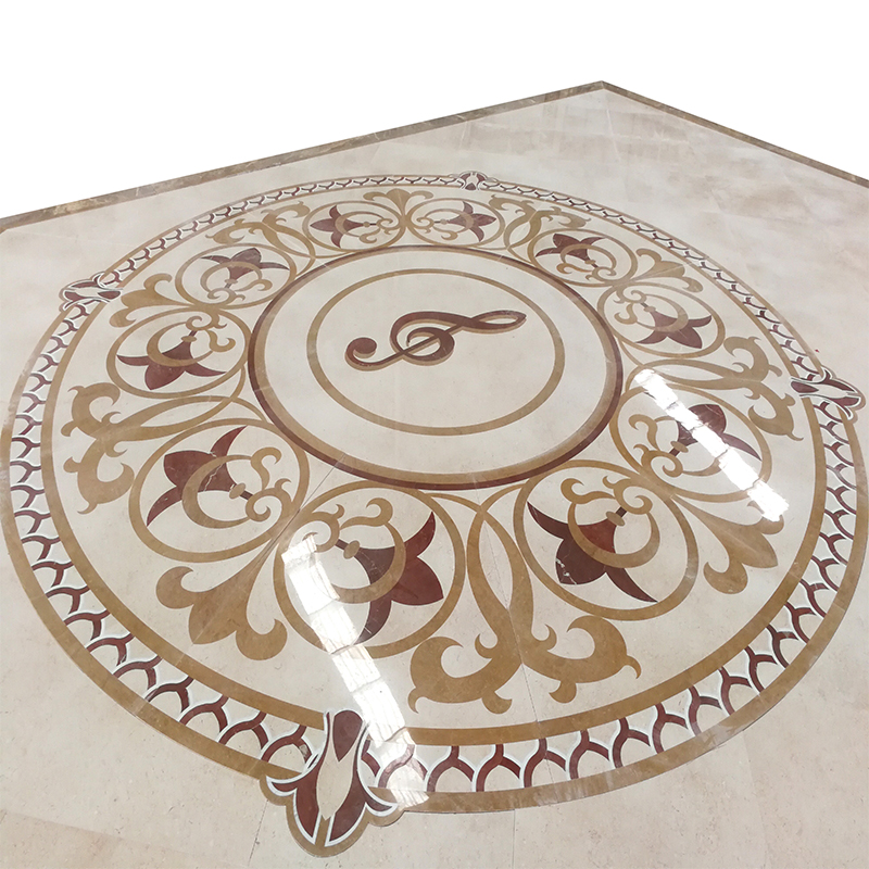 Round waterjet marble medallion tile photos for villa decoration, hotel lobby floors, swimming pool surrounds, wall decor, CAD pattern drawing, marble color map and export packing.