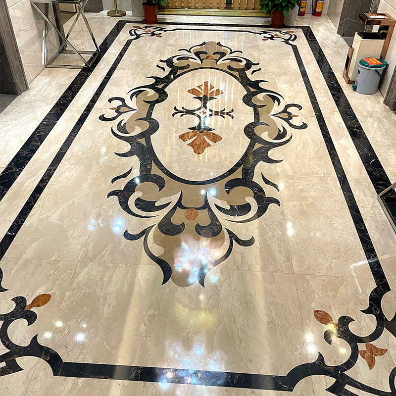Hotel lobby waterjet marble pattern tile photos for wall and floor projects, CAD pattern drawing, stone color map, floor tile layout, wall panel elevation, dry-lay photos and export packing.