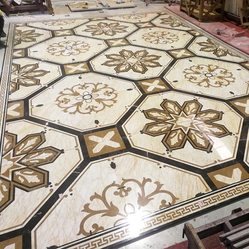 Hotel lobby waterjet marble pattern tile photos for wall and floor projects, CAD pattern drawing, stone color map, floor tile layout, wall panel elevation, dry-lay photos and export packing.