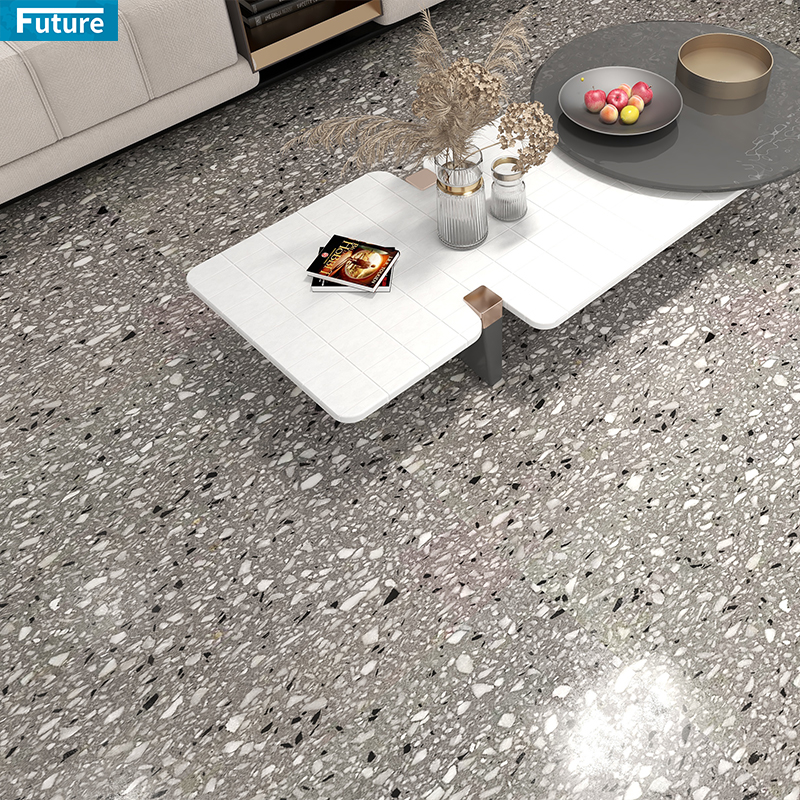 Light black and grey terrazzo tile photos for black-grey sample approval, interior flooring, wall panels, kitchen countertops, aggregate review and export packing.
