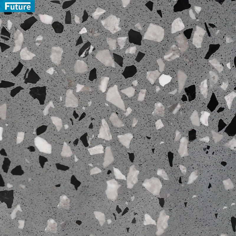 Light black and grey terrazzo tile photos for black-grey sample approval, interior flooring, wall panels, kitchen countertops, aggregate review and export packing.