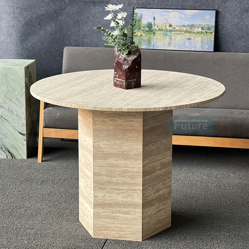 Luxury Wabi-sabi Style Round Top Beige Travertine Dining Tab