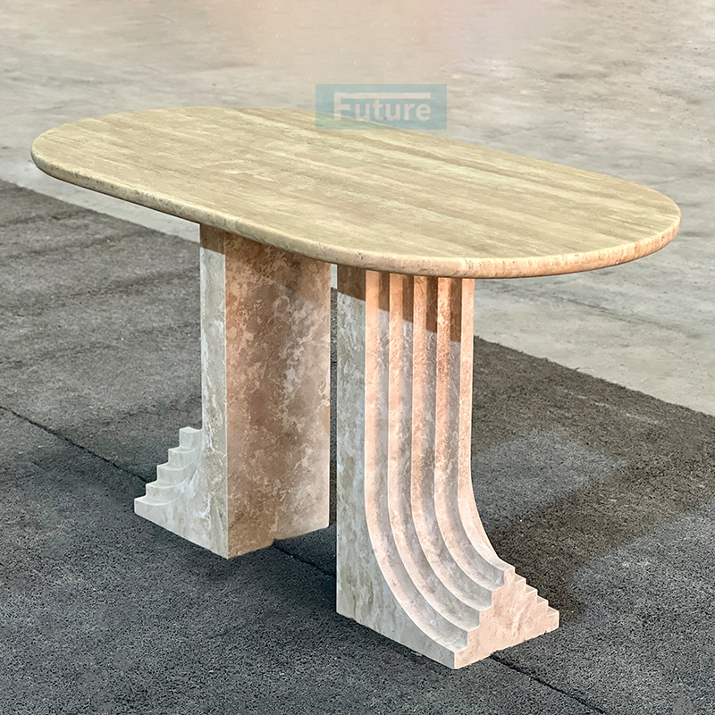 Luxury Wabi-sabi Style Oval Top Beige Travertine Dining Tabl