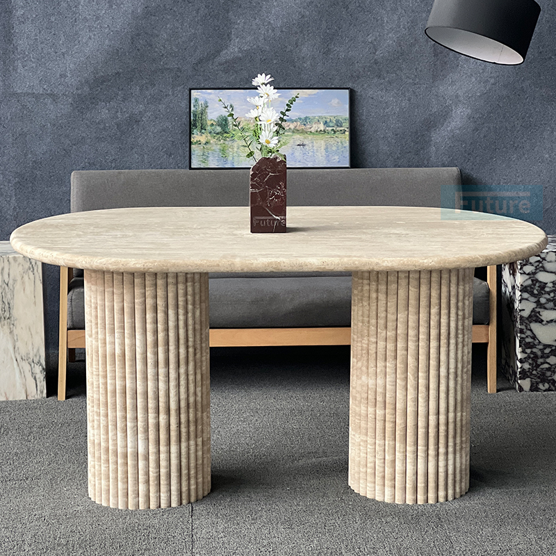 Luxury Wabi-sabi Style Oval Top Beige Travertine Dining Tabl