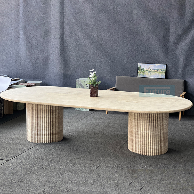 Luxury Wabi-sabi Style Long Size Oval Top Beige Travertine D
