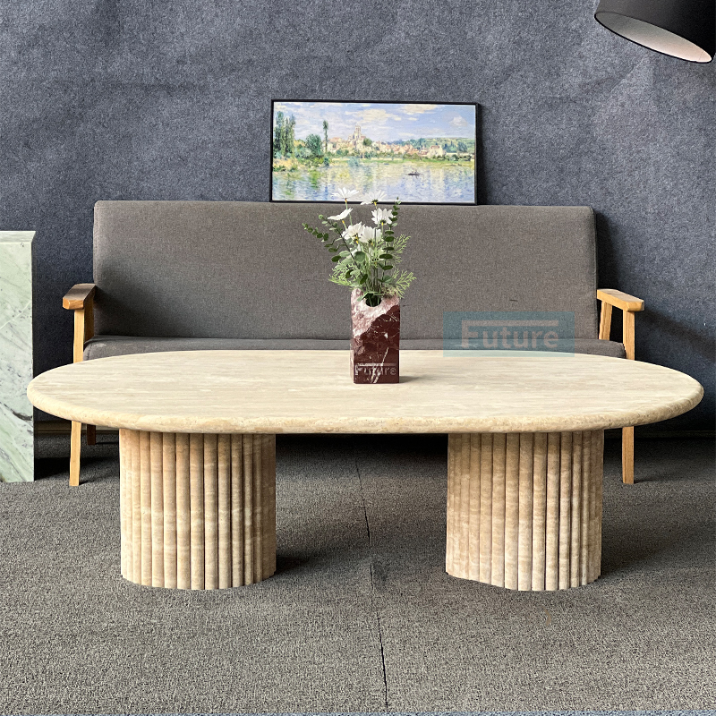 Luxury Wabi-sabi Style Oval Top Low Plinth Beige Travertine 