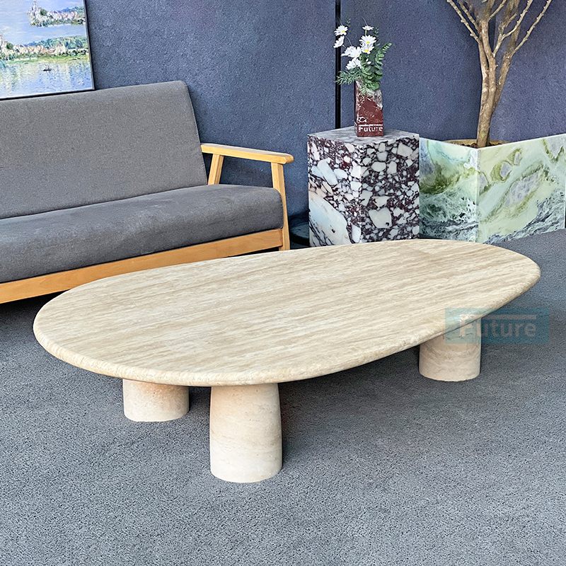 Elliptical Top Low Plinth Beige Travertine Coffee Table