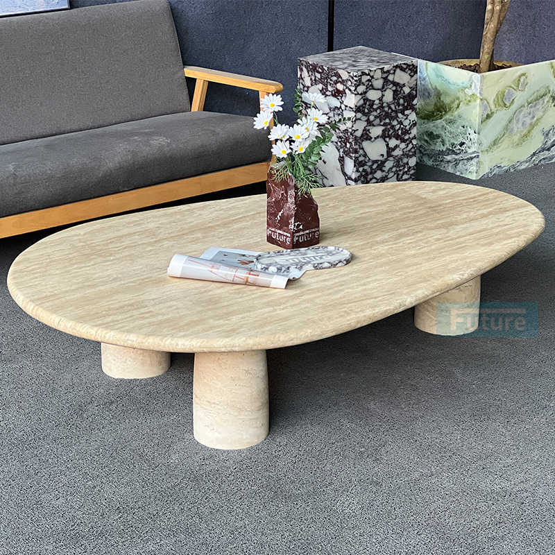 Elliptical Top Low Plinth Beige Travertine Coffee Table