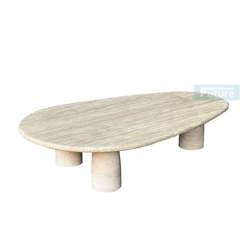 Elliptical Top Low Plinth Beige Travertine Coffee Table