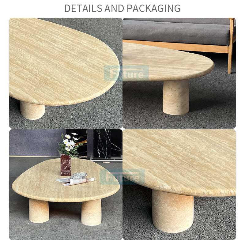Elliptical Top Low Plinth Beige Travertine Coffee Table