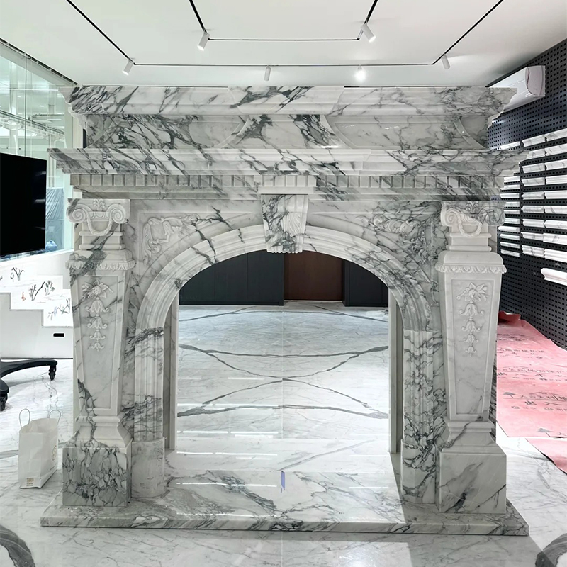 French Style Modern Natural Arabescato White Marble Fireplac