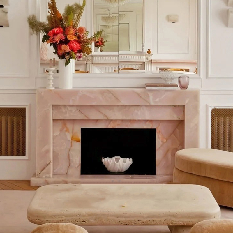 French Style Modern Natural Pink Marble Fireplace Surround M