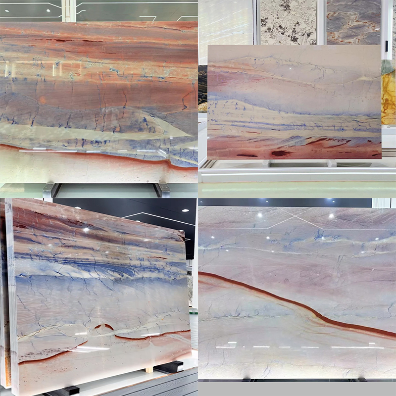 Royal Rainbow Red marble slab photos for rainbow red tone approval, wall panel elevations, floor tile layout, furniture dimensions, kitchen countertop cut-outs, bathroom vanity dimensions and export packing review.