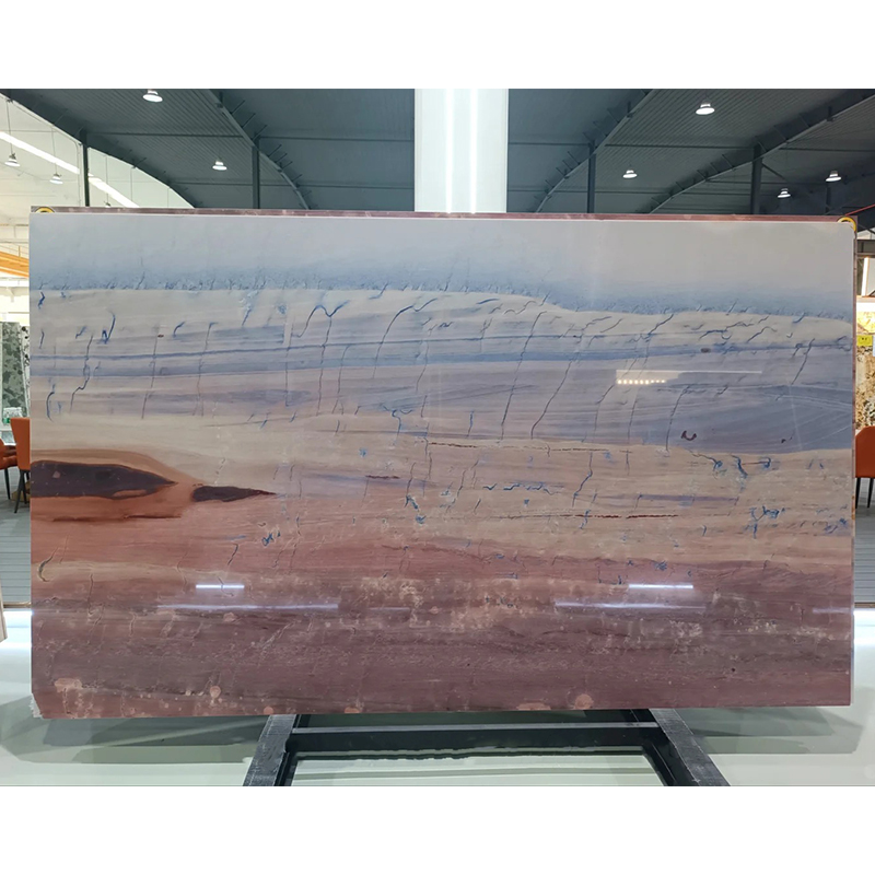 Royal Rainbow Red marble slab photos for rainbow red tone approval, wall panel elevations, floor tile layout, furniture dimensions, kitchen countertop cut-outs, bathroom vanity dimensions and export packing review.