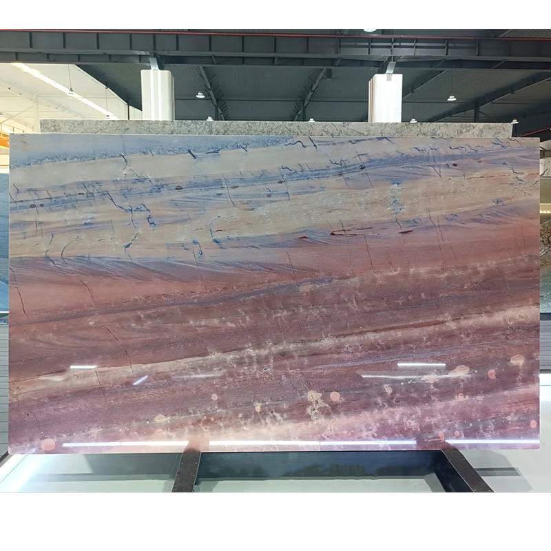 Royal Rainbow Red marble slab photos for rainbow red tone approval, wall panel elevations, floor tile layout, furniture dimensions, kitchen countertop cut-outs, bathroom vanity dimensions and export packing review.